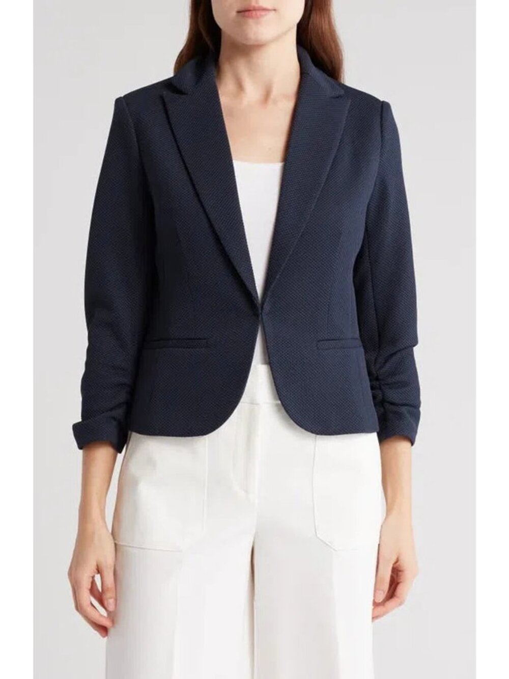 Amanda + Chelsea Black Ponte Blazer Soft Construction Ruched 3/4 Sleeves